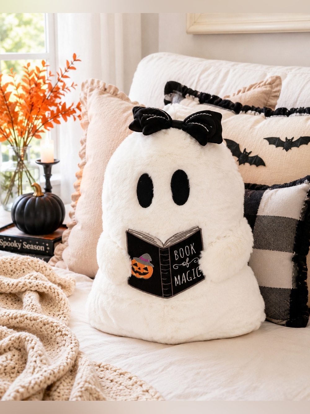 NWT Plush Ghost “Book of Magic” Halloween Pillow with Black Bat Bow